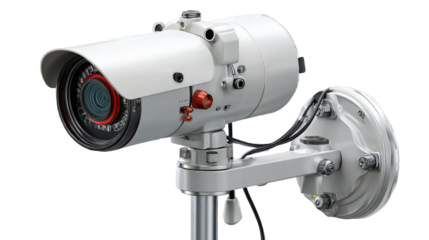 Surveillance Camera: A close-up image of a modern security camera, designed to monitor and protect, symbolizing vigilance and technological advancement. 