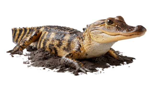 Young Alligator in mud: A detailed image showcases a young alligator, its textured skin and unique features are illuminated, posing on a mound of earthy mud. Witness nature's intriguing charm.