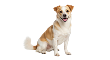 Happy Tan and White Dog Sitting Alert on Isolated White Background
