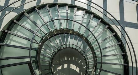 Fototapeta premium Modern spiral staircase in a contemporary office building for architectural design and urban development concepts