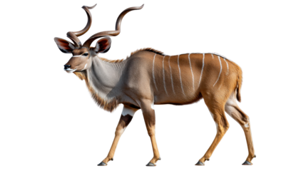 Majestic Kudu: The magnificent kudu, showcasing its spiraling horns and a striking coat, stands tall in its natural habitat, embodying grace and power.