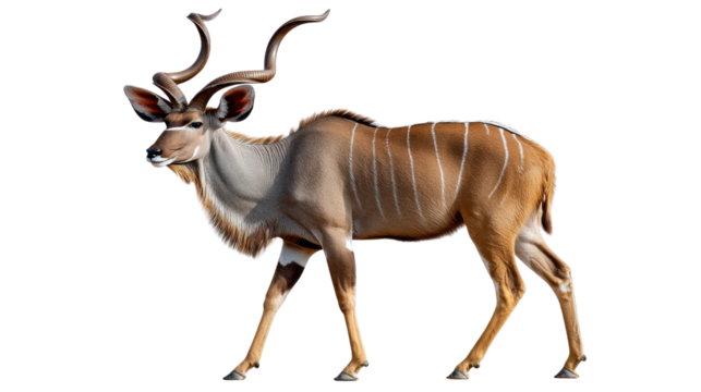 Majestic Kudu: The magnificent kudu, showcasing its spiraling horns and a striking coat, stands tall in its natural habitat, embodying grace and power.