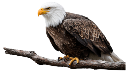 Majestic Bald Eagle on Branch: This majestic bald eagle perches confidently on a branch, its keen gaze and powerful presence a testament to its wild spirit, and the epitome of freedom and strength.