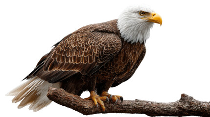 Fototapeta premium Majestic Bald Eagle in Perch: A powerful bald eagle, perched regally upon a weathered branch, surveys the landscape with piercing eyes.