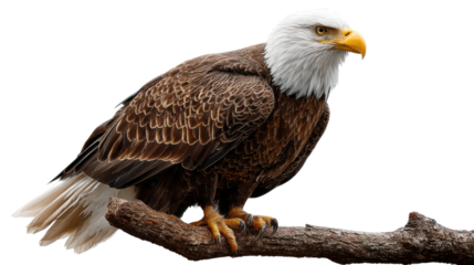 Majestic Bald Eagle in Perch: A powerful bald eagle, perched regally upon a weathered branch, surveys the landscape with piercing eyes.