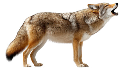 Fototapeta premium Coyote Howling: A captivating shot of a coyote, bathed in natural sunlight, in a classic howling pose, displaying the animal's wild beauty and call to the untamed wilderness.