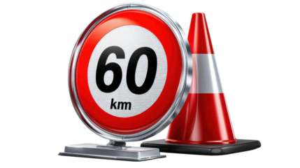 Road Safety Alert: A classic speed limit sign displays 60 km accompanied by a traffic cone, highlighting road safety and speed management concepts.