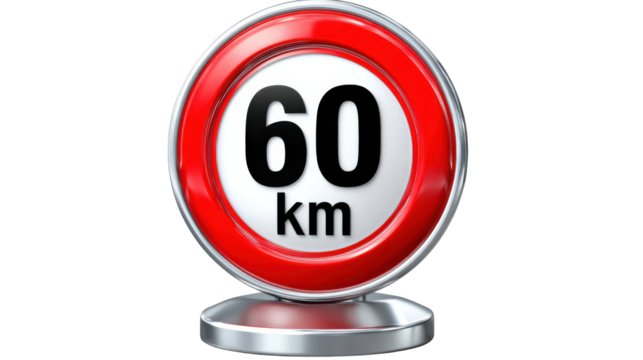 Speed Limit Sign: A vibrant traffic sign marks the maximum speed allowed, its circular design boldly displaying the number 60 and the unit km within a clean and modern aesthetic.