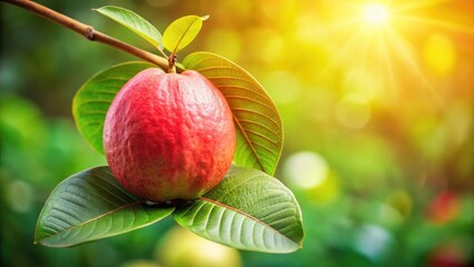 Red guava fruit with vibrant green leaves against a soft focus bokeh background creating a tropical fruit concept