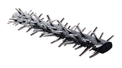 Metal Roller with Spikes: A highly detailed image showcasing a close-up of a cylindrical metal roller, punctuated with sharp, evenly spaced spikes. Ideal for a multitude of industrial applications.