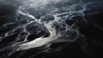 High-angle, monochrome aerial view of a sprawling, meandering river system across a dark, textured landscape.  The water appears icy or glacial, reflecting light in streaks