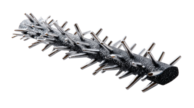 Metal Roller with Spikes: A highly detailed image showcasing a close-up of a cylindrical metal roller, punctuated with sharp, evenly spaced spikes. Ideal for a multitude of industrial applications.