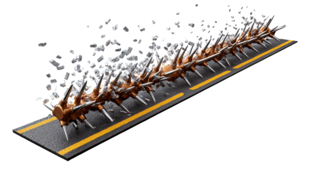 Steel Spikes on Road:  A formidable row of sharp steel spikes, meticulously placed on the road, dramatically halts the progress, capturing the raw power of enforced cessation. 