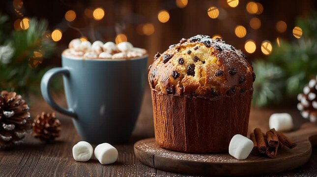 Still life of panettone with hot chocolate and marshmallows on a wooden board with cinnamon sticks