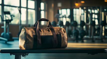 una maleta deportiva sobre una banca en el gimnasio para hacer deporte y actividad fisica