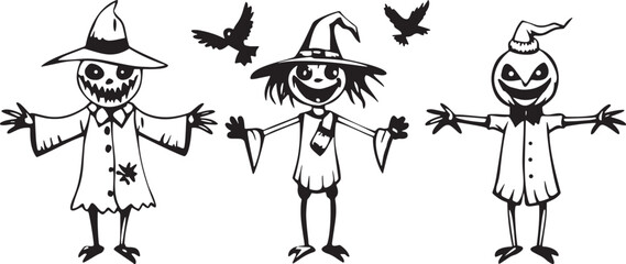 Three black and white cartoon scarecrows with birds flying around them halloween character