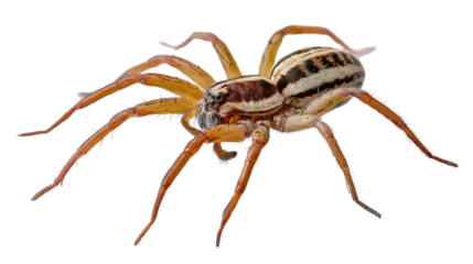 Spider with Unique Markings: A close-up shot reveals the intricate details of a spider, showcasing its patterned abdomen and long legs against a stark backdrop.