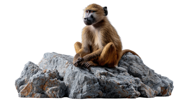 Baboon on Rock: A baboon sits regally atop a rugged stone, presenting a striking portrait of the animal in a moment of quiet observation. The textured rock adds a beautiful contrast to the primate.