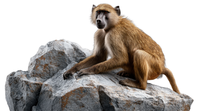 Baboon on Rock: A captivating image of a baboon perched atop a rugged rock, exhibiting its keen gaze. The photo captures the essence of wildlife and natural beauty.