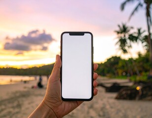 Hand Holding Blank Smartphone: Sunset Beach Background. Travel Apps, Digital Lifestyle & Aspirational Serenity