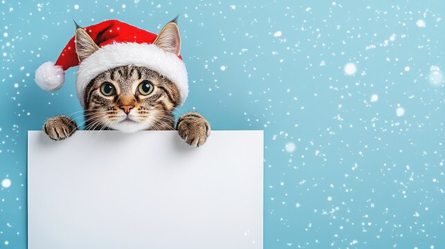 Cute cat in Santa hat peeking over blank sign, falling snow - Powered by Adobe