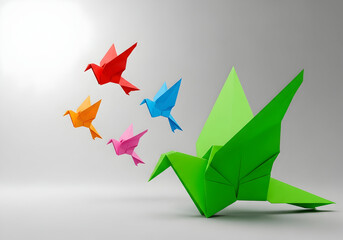 Colorful Origami Paper Birds with Green Dinosaur