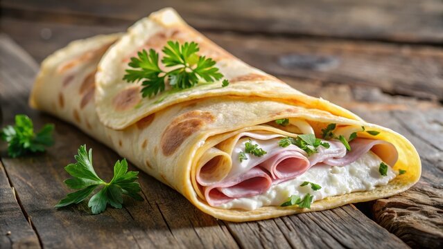 Thin French crepe wrapped around a rich and creamy ham cream cheese mixture
