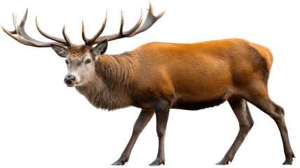 Majestic Red Deer: A stunning, full-body portrait of a magnificent red deer, showcasing its impressive antlers and rich, reddish-brown coat in striking detail.