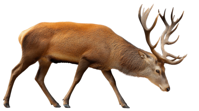 Majestic Stag in Profile: A robust red stag, boasting impressive antlers, gracefully moves with a regal demeanor, highlighting the animal's strength and elegance.