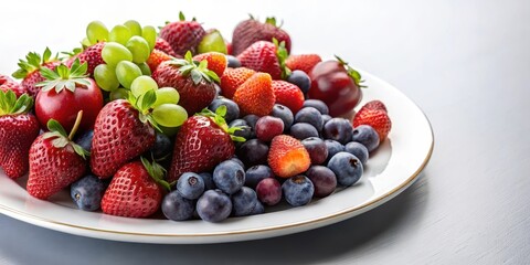 Fresh mixed berries arrangement on a white plate with grapes and strawberries