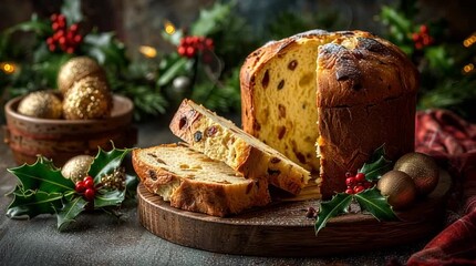 A slice of panettone cake being served with christmas decorations and festive holiday background lights - Powered by Adobe