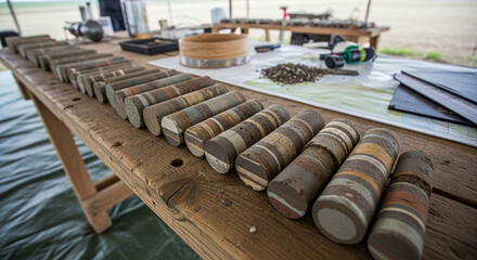 Soil Core Samples on Wooden Table for Geological and Environmental Research