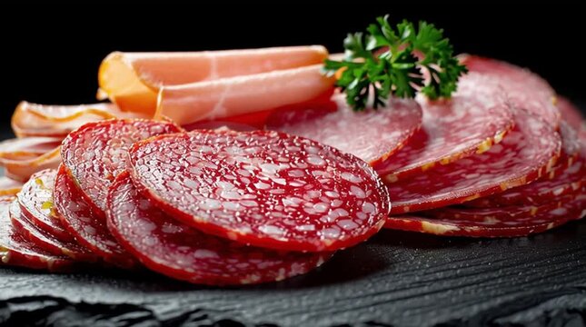 Inflammatory foods. Assorted processed cured meats arranged on a dark slate platter.