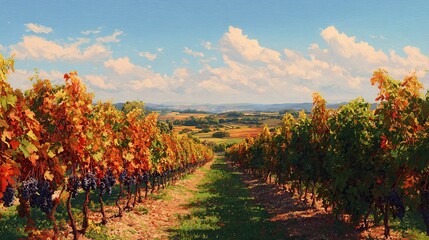 Naklejka premium Autumnal vineyard landscape, rows of grapevines in vibrant red, orange, and green hues, extending towards a sun-drenched valley under a partly cloudy sky