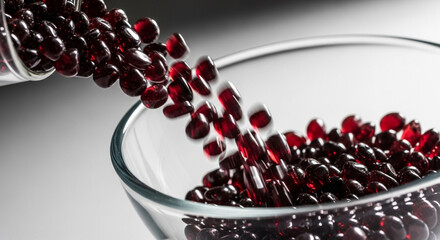 Close-Up of Red Gel Capsules Being Poured into a Glass Bowl on White Background