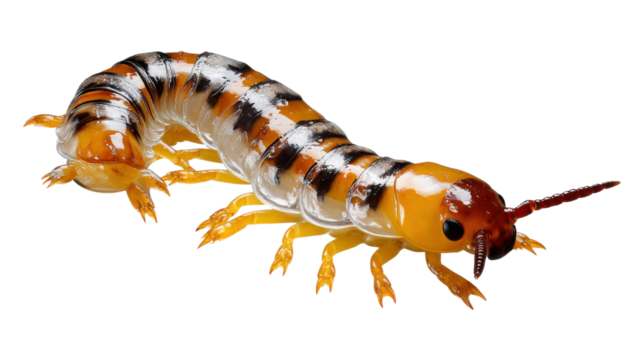 Vibrant Centipede: A macro perspective of a vibrant, segmented centipede showcases its intricate details and unique characteristics. Capture the essence of this arthropod wonder.