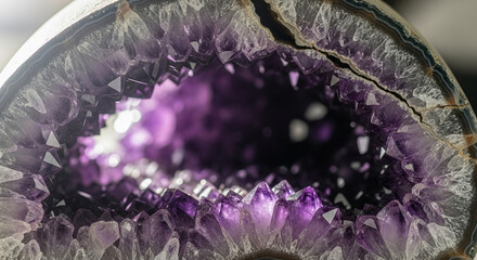 Close-Up of Purple Amethyst Geode Crystal with Sparkling Facets and Natural Patterns