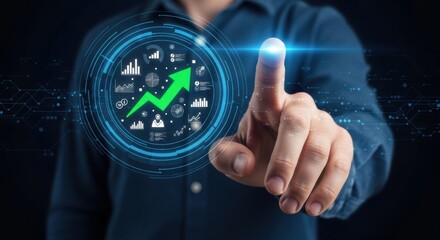 Businessman's Finger Interacting with Futuristic Digital Growth Chart and Data Visualization