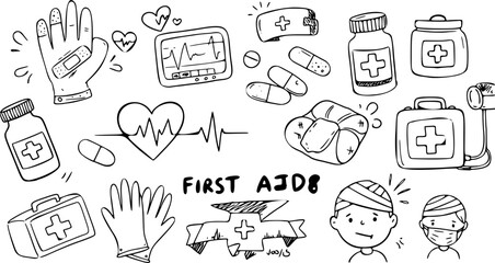 First Aid Kit Elements Doodle: Bandages, Pills, Gloves, and Equipment Sketch