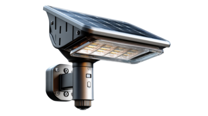 Solar-Powered Outdoor Light: A modern, eco-friendly solar-powered outdoor light fixture, with a sleek design, epitomizes sustainable energy and home security. 