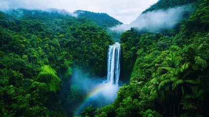 Obraz premium Majestic waterfall cascading through lush tropical rainforest