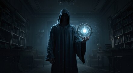 Evil wizard conjuring a spell in a dark room with a glowing orb. Dark ritual and magic concept for fantasy book.