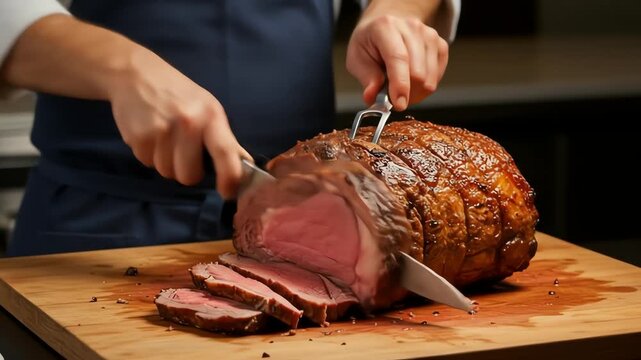 Slow Motion Shot of Chef Slicing a Delicious Roasted Prime Rib