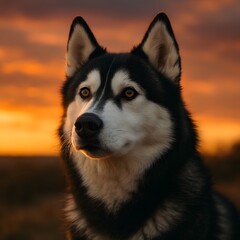 Huskie Dog Portrait at Sunset in Outdoors Nature