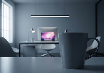 A tranquil office scene with a focus on a minimalist mug amidst a modern workspace