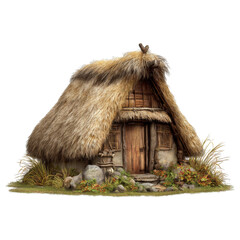 rustic thatched cottage surrounded by greenery, featuring wooden door and stone pathway, evokes sense of warmth and nostalgia