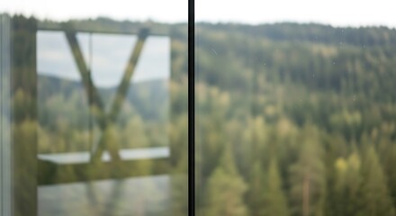 Fototapeta premium Blurred scenery of trees viewed through windows with structural reflections reflecting a forest