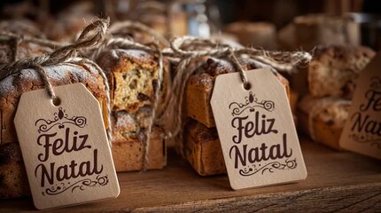Close up of christmas cakes wrapped with twine and a tag that says feliz natal on a wooden surface
