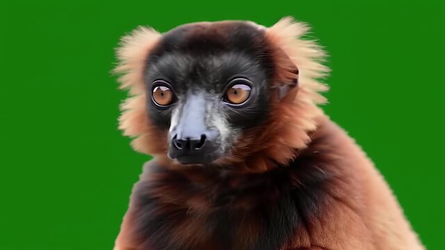 Captivating Red-Ruffed Lemur Portrait with Expressive Eyes Against a Vibrant Green Background