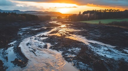 Dramatic landscape featuring a muddy foreground with a stream, trees, and distant hills under a colorful sky. Suggests natural beauty with a potential disaster background.